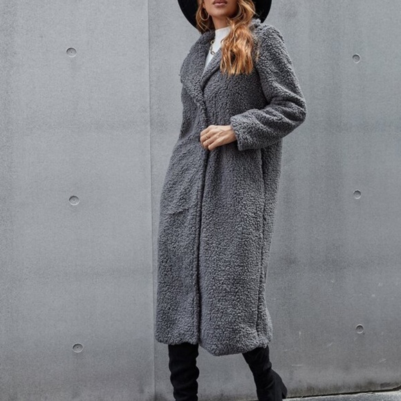 Cozy Charcoal Grey Teddy Button up Long Jacket Coat - Picture 4 of 6